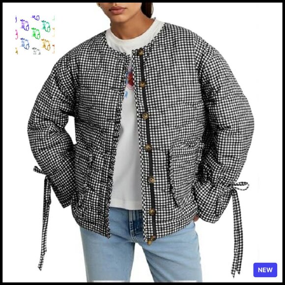 Cropped Quilted Puffer Jacket Lightweight Plaid Button Down Bow Chic - Picture 2 of 7